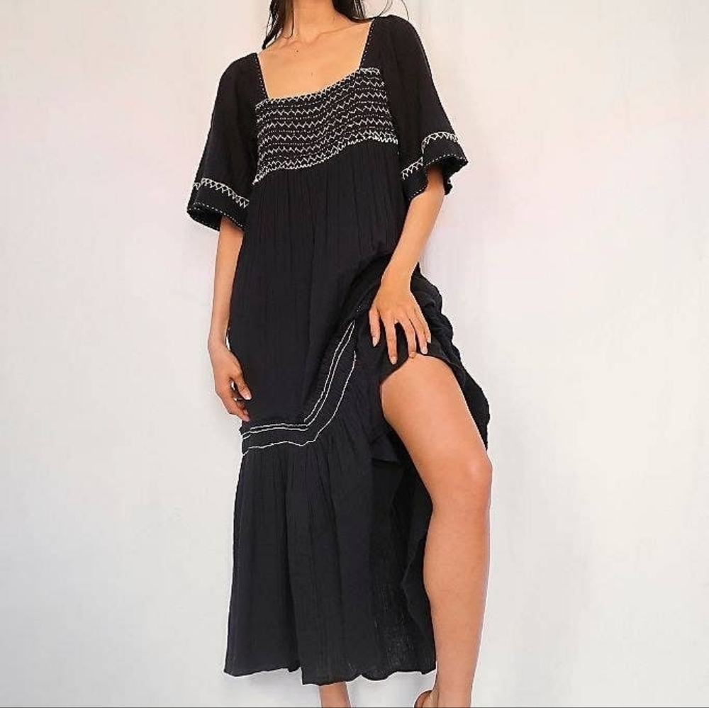 Free People I'm the One High/Low Dress Black Crinkle Cotton Maxi Dress Size XS